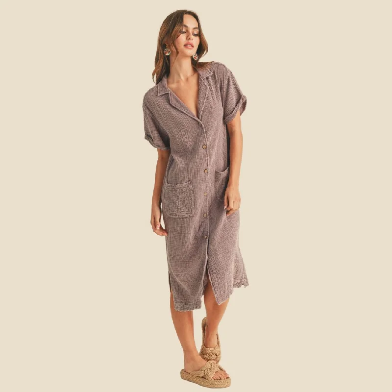 Buttondown Dye and Wash Gauze Shirt Dress (Eggplant)