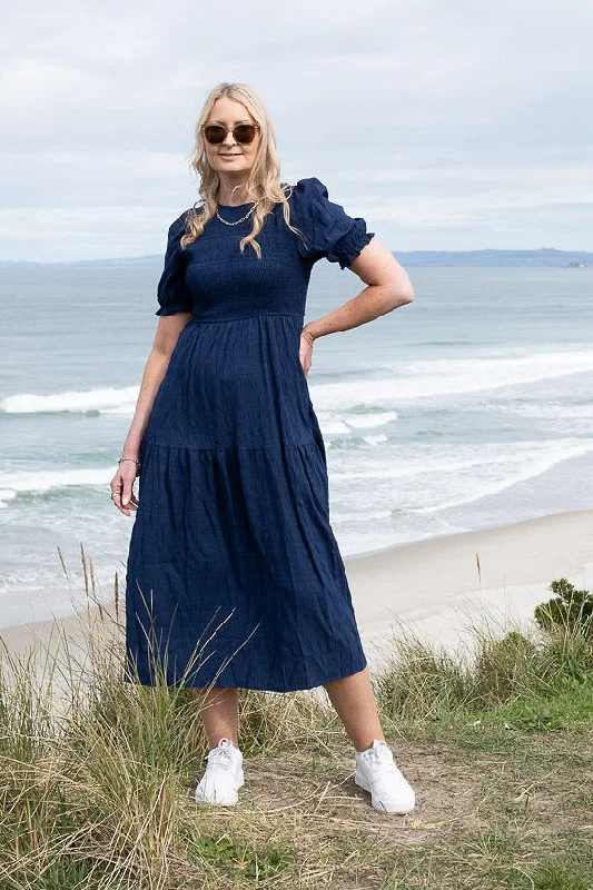 Navy - Textured Short Sleeve Shirred Josephine Dress