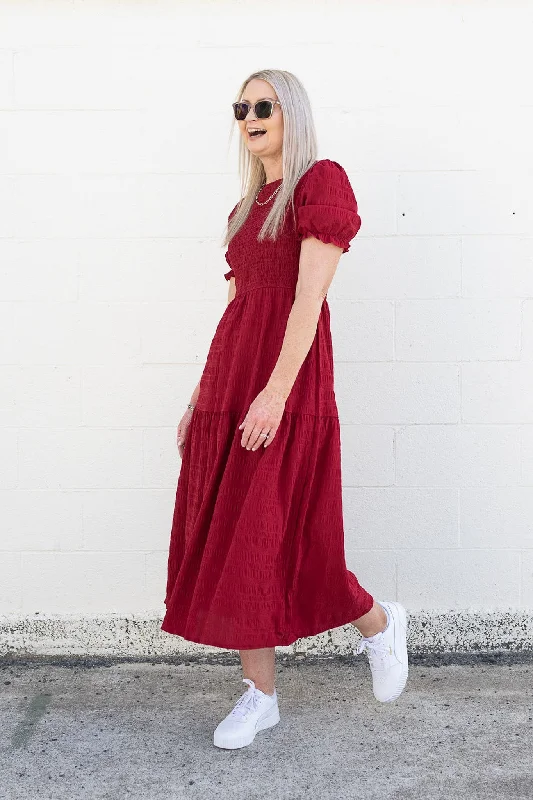 Raspberry - Textured Short Sleeve Shirred Josephine Dress