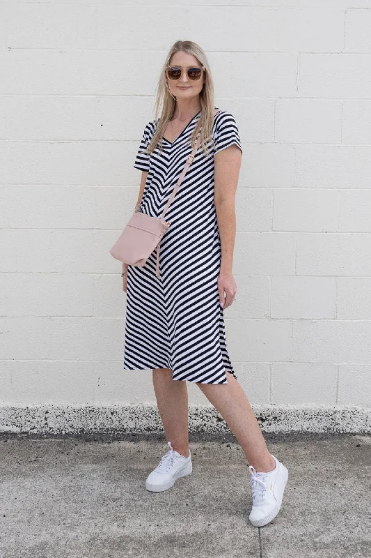 Reese Side Split Dress - B/W Stripe