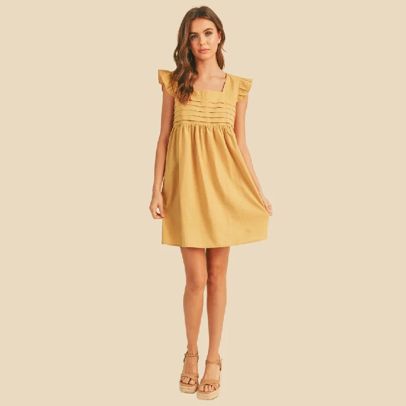 Ruffled Sleeve Pleat Detail Babydoll Dress (Lemon Grass)