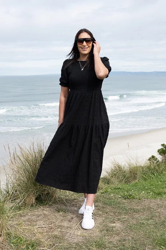 Black - Textured Short Sleeve Shirred Josephine Dress