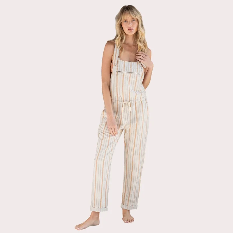 Yarn Dye Stripe Linen Blend Casual Overalls (Natural + Terraco)