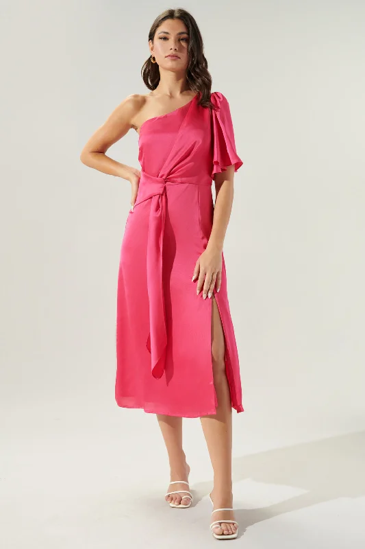 Chateau Satin One Shoulder Twist Front Midi Dress