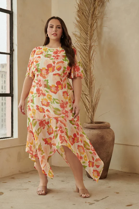 Kailua Floral Aerin Asymmetrical Flutter Midi Dress Curve