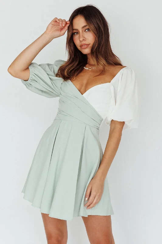 Melie Puff Sleeve Mini Dress Pistachio/White