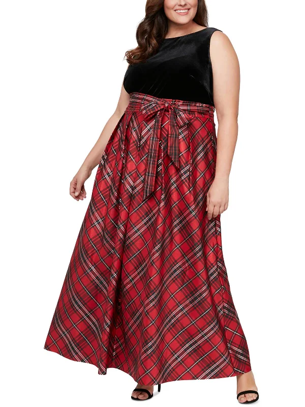 Plus Womens Velvet Plaid Maxi Dress