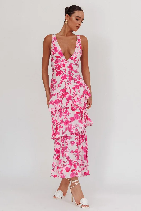 Veda Strappy Back Ruffle Maxi Dress Floral Fuchsia