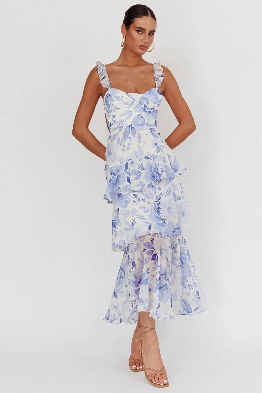 Veda Strappy Back Ruffle Maxi Dress Flowers Blue