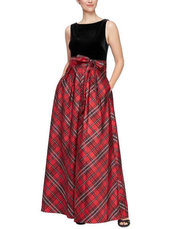 Womens Velvet Plaid Maxi Dress