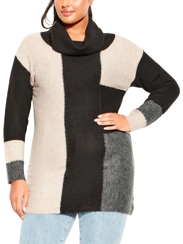 Plus Womens Cowl Neck Colorblock Pullover Sweater