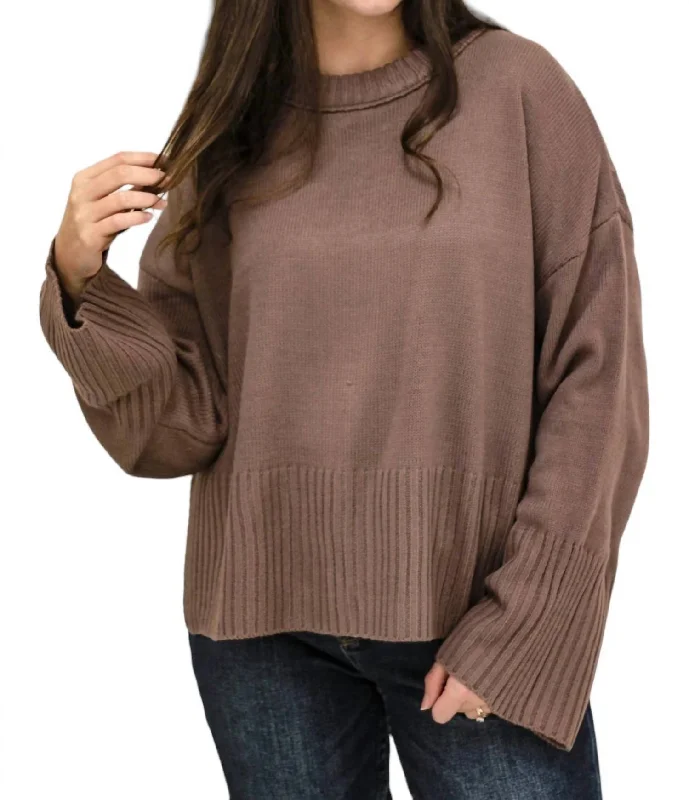 Rib Knit Back Slit Sweater In Mocha