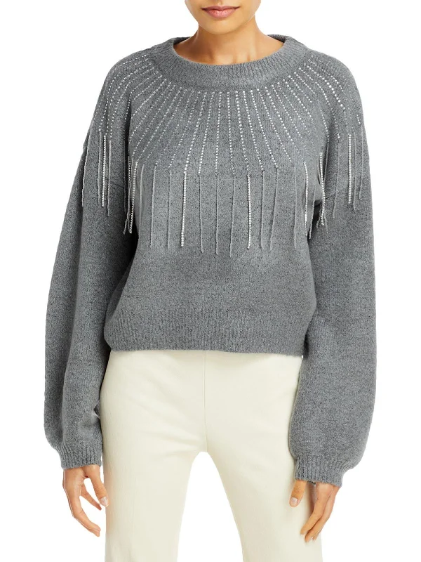 Womens Knit Embellished Crewneck Sweater