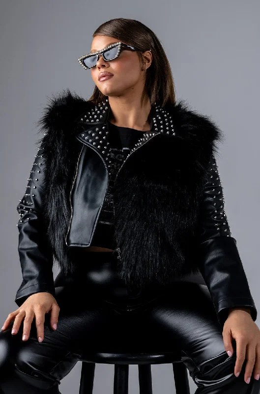 PLUS EMMS STUDDED FAUX FUR JACKET